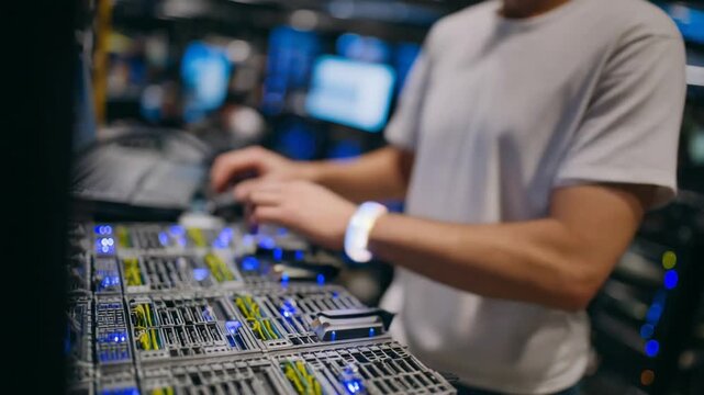 A technician conducts server rack maintenance in a data center, equipped with an anti-static wristband and surrounded by glowing LED indicators.