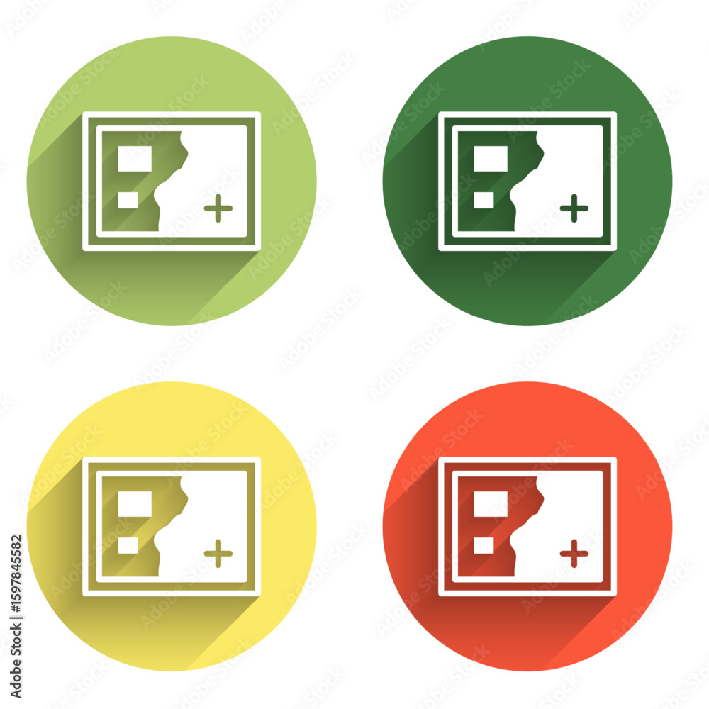 Poster set folded map icon isolated with long shadow background. color circle button. vector