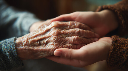 A close-up image of two hands, one elderly and wrinkled, holding another younger hand, symbolizing love and connection across generations.