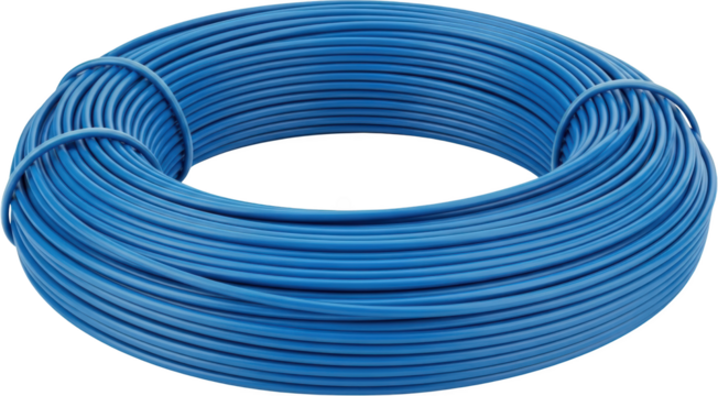 Spool of bright blue electrical wire coiled tightly isolate cable cord