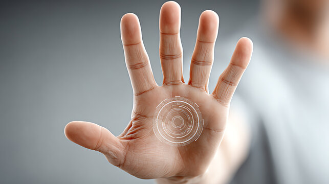 A close-up of a human hand with an innovative digital interface displayed on the palm, showcasing modern technology concepts.