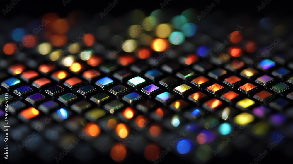 Poster precision robotics dynamically adjusting advanced optical components. creating vibrant color shifts 