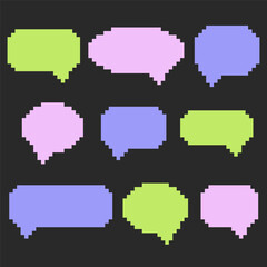 Set of pixel message boxes. 8-bit colorful speak bubbles. Text bubbles messenger social networks. y2k aesthetics, brutalist symbols. Vector illustration