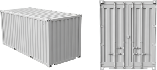 White shipping container shown from side and front isolated object cargo container transparent background