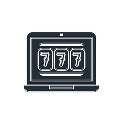 Black Laptop and slot machine with lucky sevens jackpot icon isolated on white background. Online casino. Vector