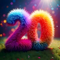 Number  created from colorful rainbow short hair fur, for birthday element