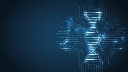 Digital glowing dna double helix with circuit lines on dark blue background, technology and genetics concept.