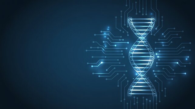 Digital glowing dna double helix with circuit lines on dark blue background, technology and genetics concept.