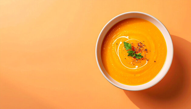 a top down perspective features a white bowl of vibrant orange soup set against a similarly hued background