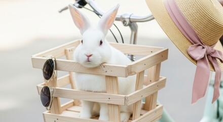 Fluffy white rabbit in wicker basket of front bicycle draped with plaid napkin. Sunglasses hanging off the baskets rim. Summer hat peeking into the frame from handlebars.