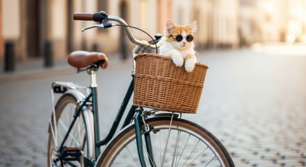 Cute cat in sunglasses in bike basket on vintage bicycle during golden hour, peaceful summer morning vibe, soft natural light, cobblestone street background, lifestyle, travel, pet-friendly content
