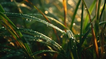 Close-up captures glistening dew drops on vibrant green grass blades, showcasing nature's beauty and the freshness of morning in a serene, natural setting.