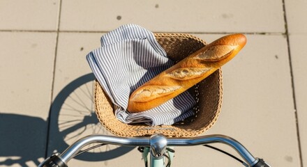 Overhead view of a bicycle basket with a striped linen cloth and a baguette inside. Shot from above, basket shadow visible on pale sidewalk. Shot in natural daylight, soft shadows, no people