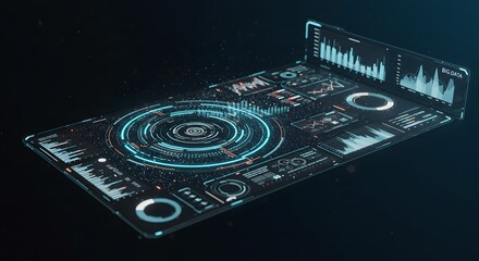 Futuristic tablet displaying interactive data visualizations and graphs.