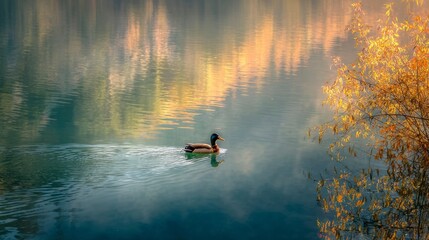 Fototapeta premium Duck on calm autumn lake