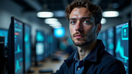 Obraz premium A focused cybersecurity specialist in hoodie monitoring code on screens in photo-realistic command center