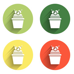 Set Cake icon isolated with long shadow background. Happy Birthday. Color circle button. Vector