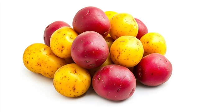 Pile of red and yellow potatoes isolated on white background.
