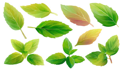 Fototapeta premium Scattered mint leaves watercolor flat-lay, isolated on transparent background