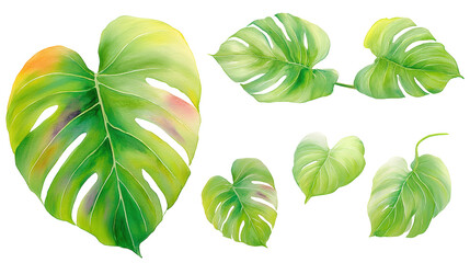 Watercolor flat-lay of monstera leaves with bold holes, isolated on transparent background
