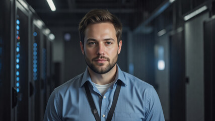A diligent sysadmin in blue shirt monitoring server health on screens in photo-realistic data center