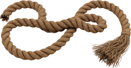 Thick brown twisted rope forming infinity symbol frayed ends isolate coarse