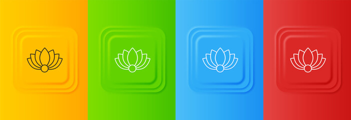 White Lotus flower icon isolated on colorful background. Set icons in square buttons. Vector