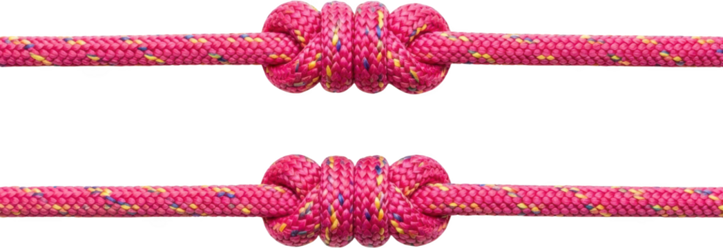 Two vibrant pink ropes with colorful speckles tied in tight knots isolated against black transparent background - Powered by Adobe