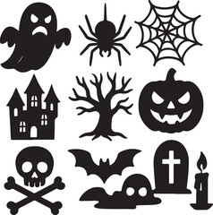 Halloween themed silhouette collection, spooky holiday icons, vector elements set