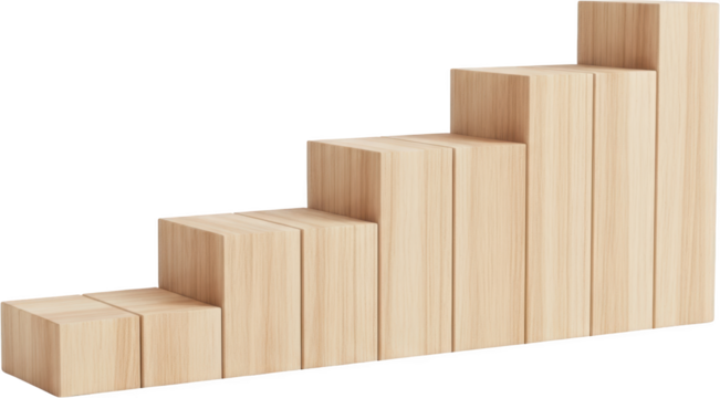 Wooden steps ascending in size arranged in a staircase pattern isolate