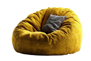 Cozy Yellow Bean Bag Chair with a Grey Pillow Isolated on Black Backdrop Home Decor Interior Comfort