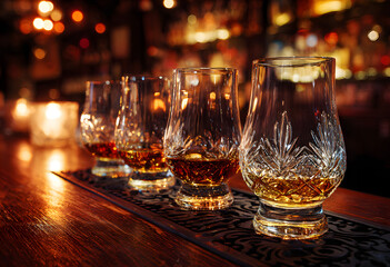 Tasting flight of whiskey glasses arranged on a bar counter in warm ambient lighting