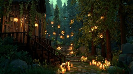 Forest pathway with lanterns and candles