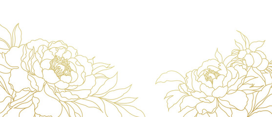 Luxury floral background with hand drawn gold line art flowers. Vector design with bouquet of peonies. Elegant illustration for wall decor, wallpaper, cover, banner, package, card, wedding invitation © Victory