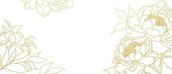 Luxury floral background with hand drawn gold line art flowers. Vector design with bouquet of peonies. Elegant illustration for wall decor, wallpaper, cover, banner, package, card, wedding invitation © Victory