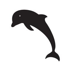 Cute silhouette dolphin character is jumping in black on white background for icons, stickers, coloring, logo