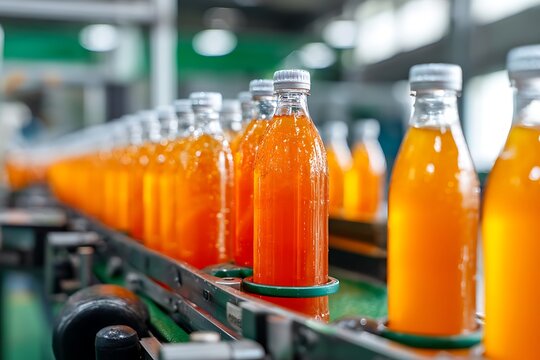 Fresh juice in glass bottles moving along a modern production line, symbolizing efficiency, quality control, and the beverage industry.