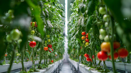Rows of ripe red and green tomatoes growing in a modern greenhouse with bright overhead lighting.