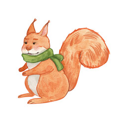A cute red squirrel wearing a green scarf. Watercolor animal illustration with cozy winter vibes. Retro. Christmas tema. Perfect for woodland themes, holiday cards, nursery decor, seasonal stickers.