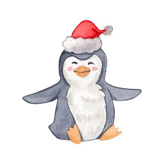 A smiling penguin wearing a red Santa hat. Watercolor illustration of a winter animal. A Christmas motif. The collection of the Christmas orchestra with bears. Great for postcards, prints, stickers.