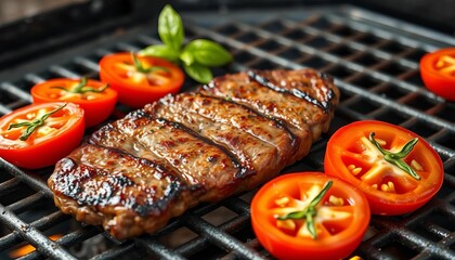 Sizzling grilled steak and juicy halved tomatoes on a grill grate, vegetable, grill