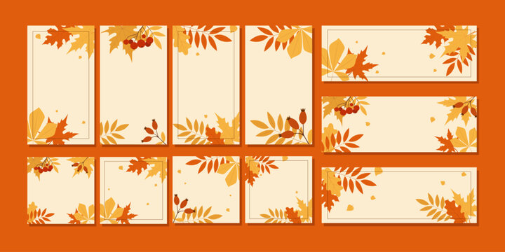 Big collection of fall backgrounds with autumn leaves and copy space for text. Vector illustration for seasonal design, Thanksgiving, invitations and autumn sale banners