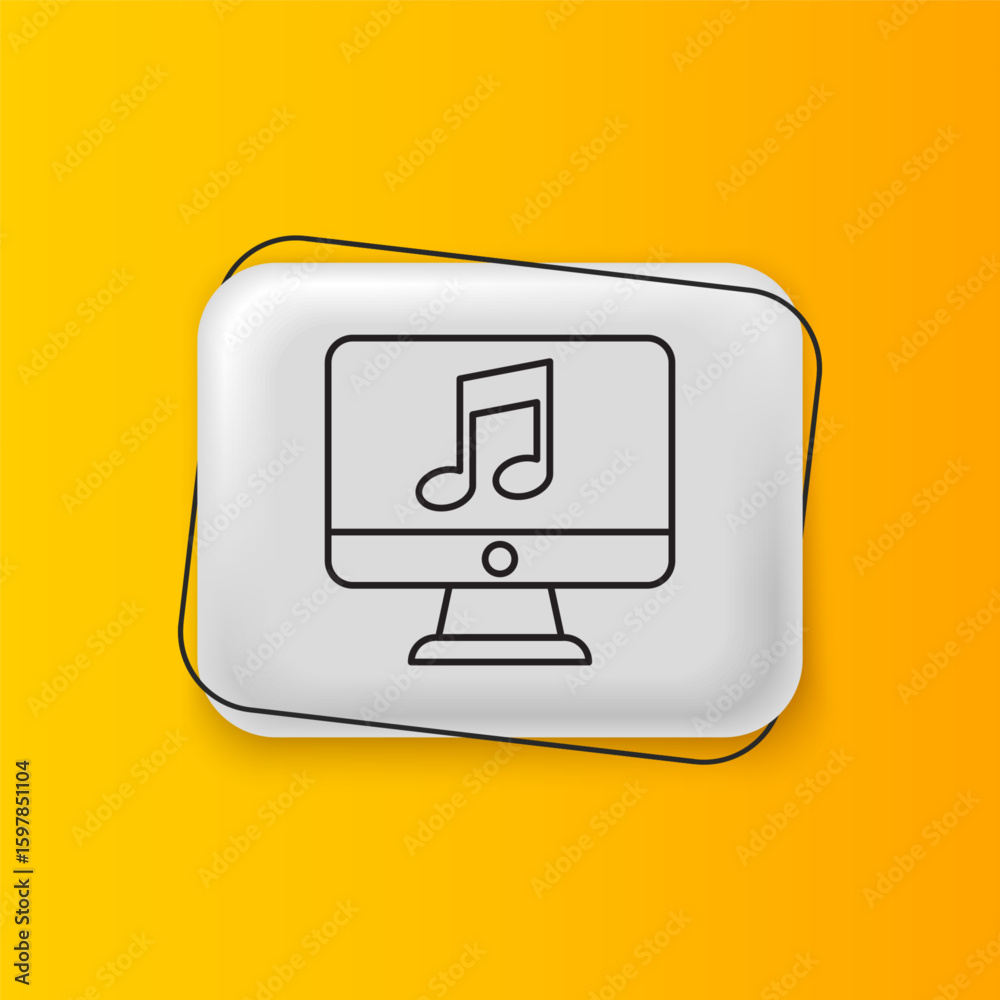 Wall mural black computer with music note symbol on screen icon isolated on yellow background. silver rectangle