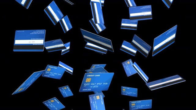 Animated Credit Cards Falling - Seamless Blue Cards on Transparent BG. Endless loop of blue credit cards falling down with clean alpha channel. 