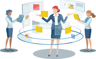 Three businesswomen collaborating with floating data and screens in a modern virtual environment