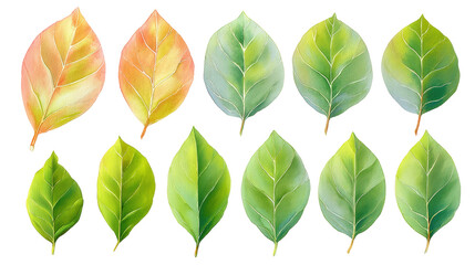 Obraz premium Balanced watercolor flat-lay of pear leaves isolated on transparent background