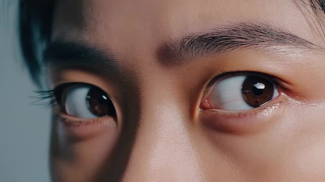 An extreme close-up of a young Asian person's eyes darting rapidly from side to side, expressing fear, anxiety, or paranoia