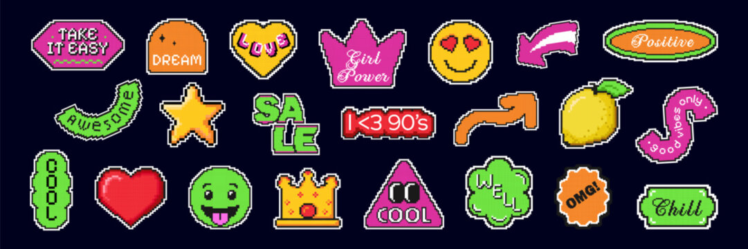 Set of pixel stickers and badges with emoji, Y2K slang. Retro pixel sticker pack with trendy words: 'i love 90's', 'awesome', 'cool', 'chill', 'positive', 'take it easy', 'good vibes only'.