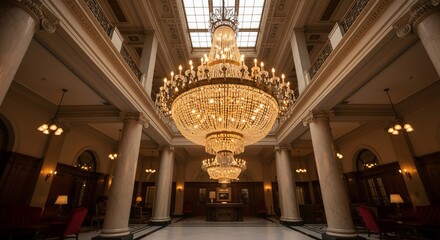 Obraz premium Grand Lobby: Crystal Chandeliers, Marble Columns, and Elegant Architecture