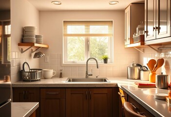 Fototapeta premium A bright kitchen, sparkling clean, dishes put away, countertops wiped, shine, hygiene